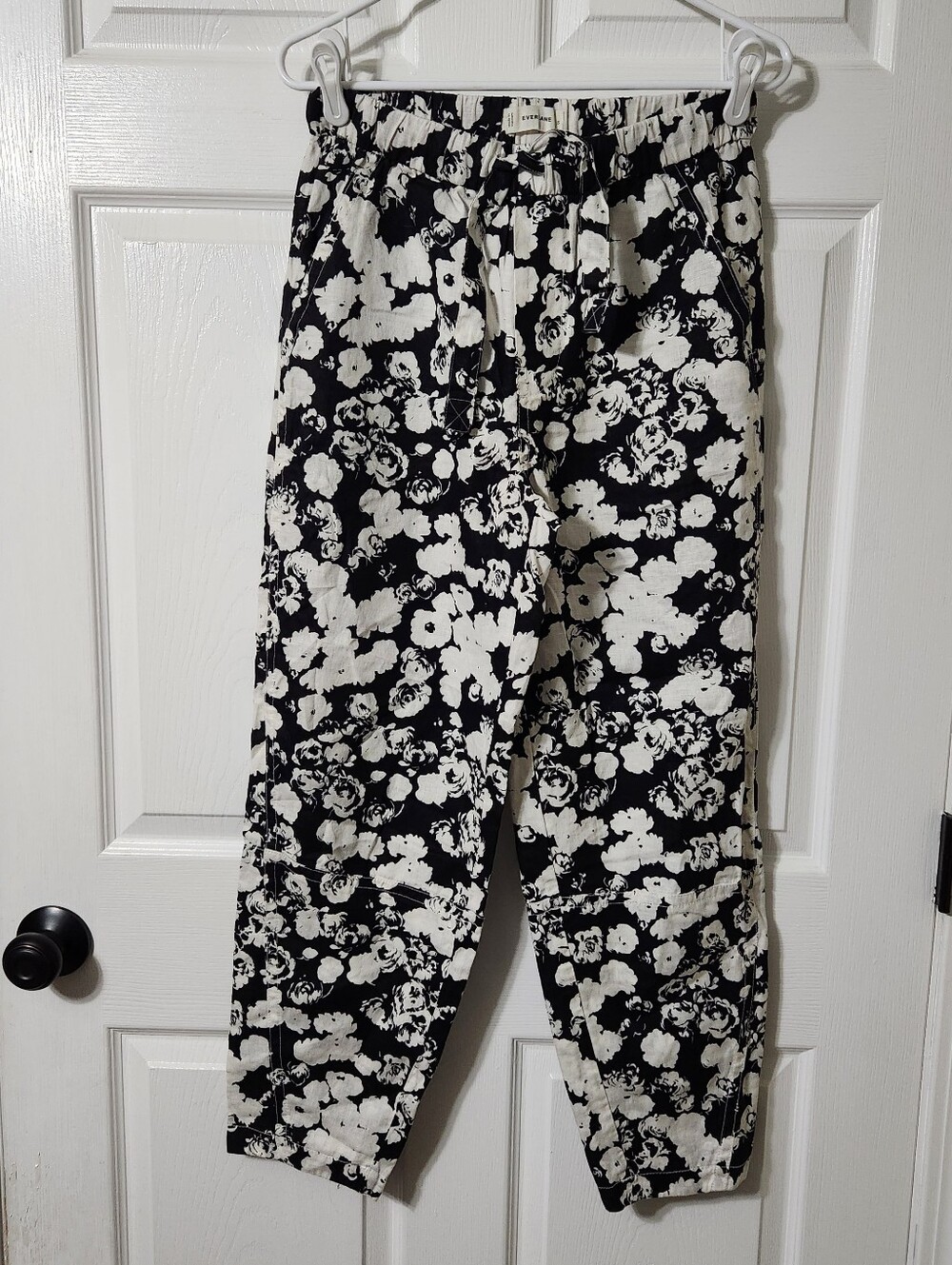 Everlane Linen Pullon Barrel Pants, Black and White Floral, Size S